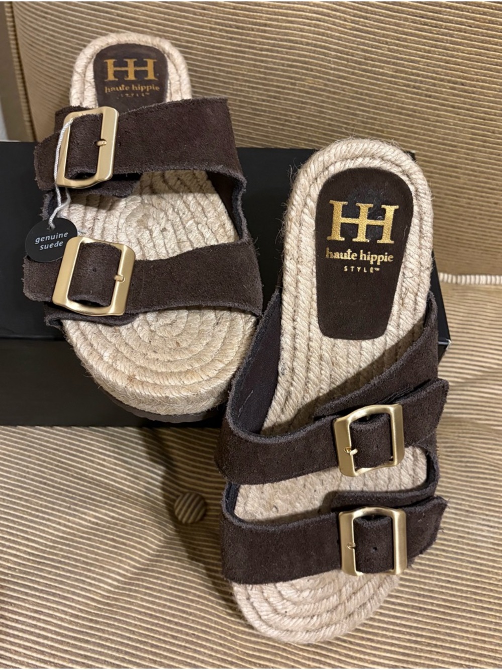 Haute Hippie Brown Suede Double Buckle Espadrille Slide Sandals